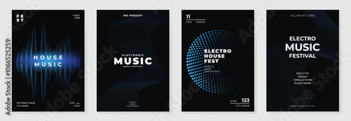 Music poster design background vector set. Electro Sound Cover template with vibrant abstract gradient geometric shape and line wave. Ideal design for social media, flyer, party, music festival, club.