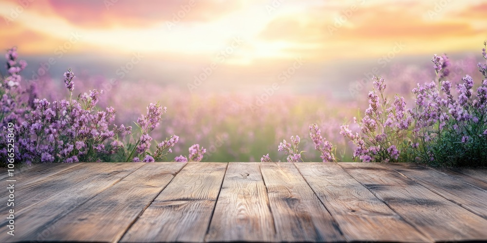 A wooden floor is present in the foreground, while a floral field, blurred in the background, creates a soft and dreamy atmosphere around it.