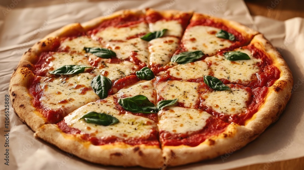 Classic Italian pizza Margherita crafted with mozzarella cheese, fresh tomato sauce, aromatic basil, and a drizzle of extra virgin olive oil rests on baking paper, ideal for display. Classic Italian pizza Margherita crafted with mozzarella cheese, fresh tomato sauce, aromatic basil, and a drizzle of extra virgin olive oil rests on baking paper, ideal for display.