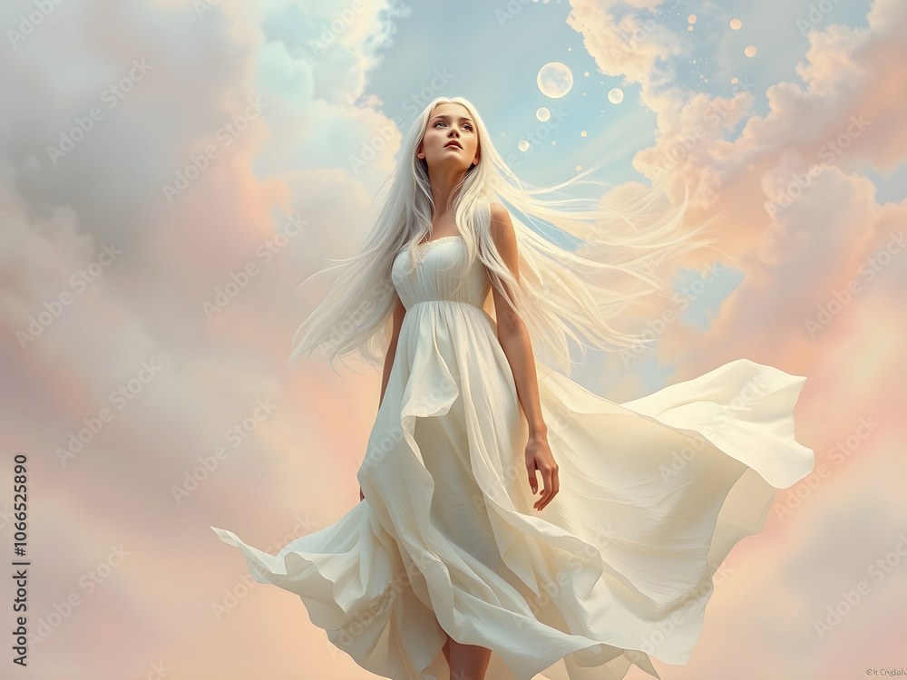 Beautiful young woman in white dress with flying hair in the sky Beautiful young woman in white dress with flying hair in the sky