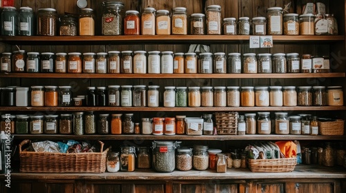 Wallpaper Mural A wooden shelf with various spices in glass jars and labeled with paper tags. Torontodigital.ca