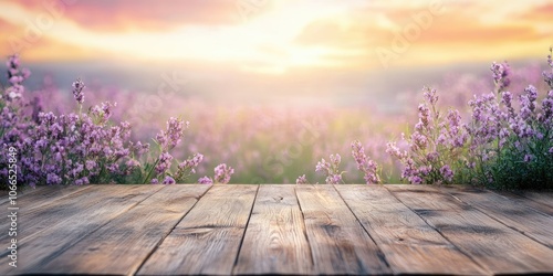 Obraz na płótnie A wooden floor is present in the foreground, while a floral field, blurred in the background, creates a soft and dreamy atmosphere around it. w salonie