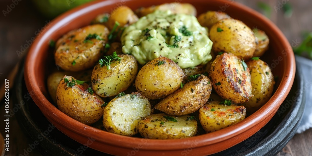 Potatoes that are fried, paired with a creamy avocado sauce, served in a unique compote style for a delightful and flavorful experience. Potatoes that are fried, paired with a creamy avocado sauce, served in a unique compote style for a delightful and flavorful experience.