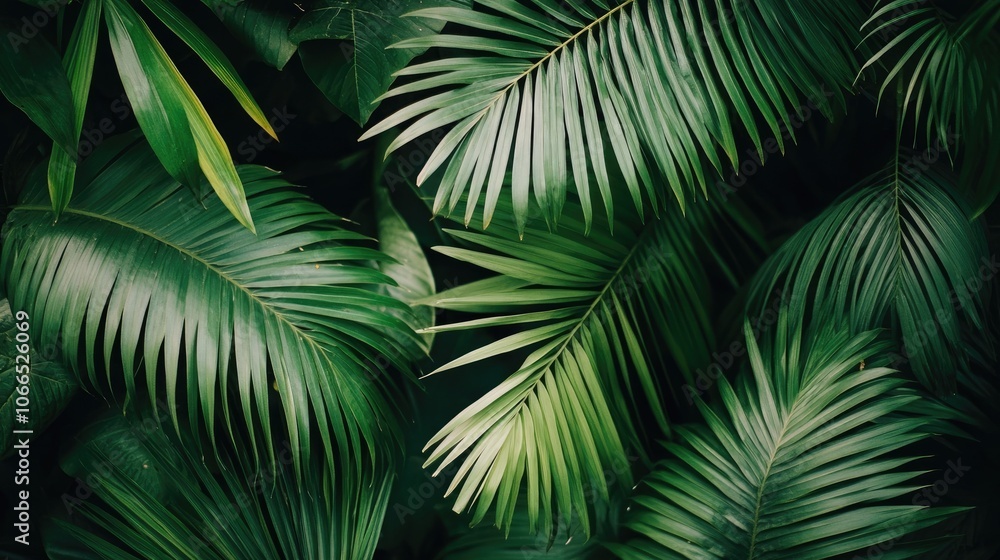 Tropical palm leaves create a lush forest scene, perfect for wallpaper design with grey and green tones. This tropical palm leaf wallpaper offers stylish, natural beauty and ample copy space. Tropical palm leaves create a lush forest scene, perfect for wallpaper design with grey and green tones. This tropical palm leaf wallpaper offers stylish, natural beauty and ample copy space.