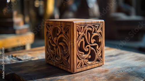 A beautifully crafted wooden cube demonstrates exceptional craftsmanship with its intricate details and smooth finish, perfect for various creative compositions and layouts.