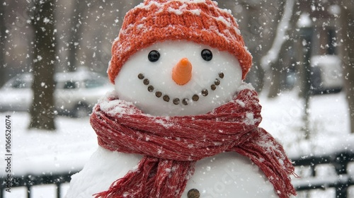 Charming snowy day image capturing a snowman adorned with a carrot nose and a red scarf, perfect for winter-themed projects. Ideal for use with photo style copy space.