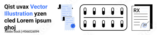 Two documents with blue check marks, a rectangular blister pack with nine black and white capsules, and an RX prescription form with a doctors signature. Ideal for healthcare, pharmacy, medical