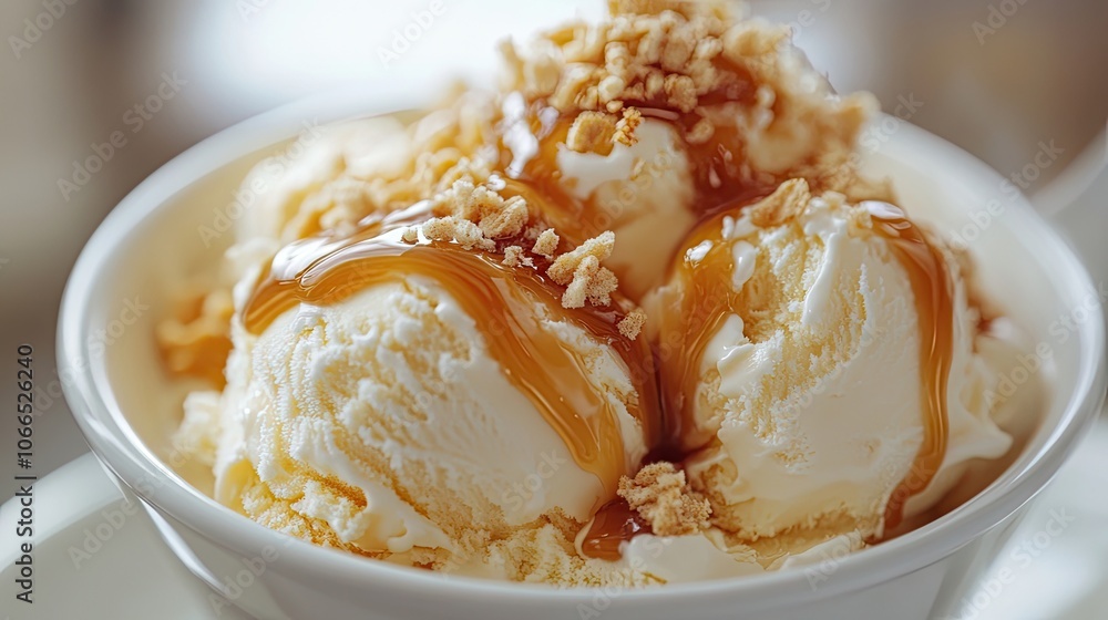 Vanilla ice cream with caramel topping, a deliciously crafted dessert, beautifully displayed with ample space for creative use, highlighting the innovative technology behind its creation. Vanilla ice cream with caramel topping, a deliciously crafted dessert, beautifully displayed with ample space for creative use, highlighting the innovative technology behind its creation.