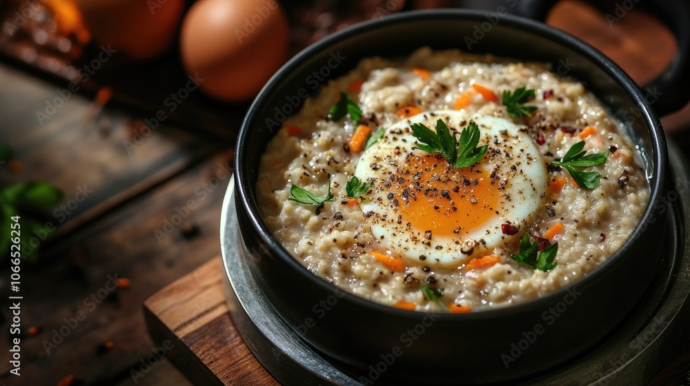 Mishmash porridge prepared with carrot, onion, egg, and spices served in a metal plate. This vegetarian food represents a delicious ready meal, with ample copy space for text. Mishmash porridge prepared with carrot, onion, egg, and spices served in a metal plate. This vegetarian food represents a delicious ready meal, with ample copy space for text.