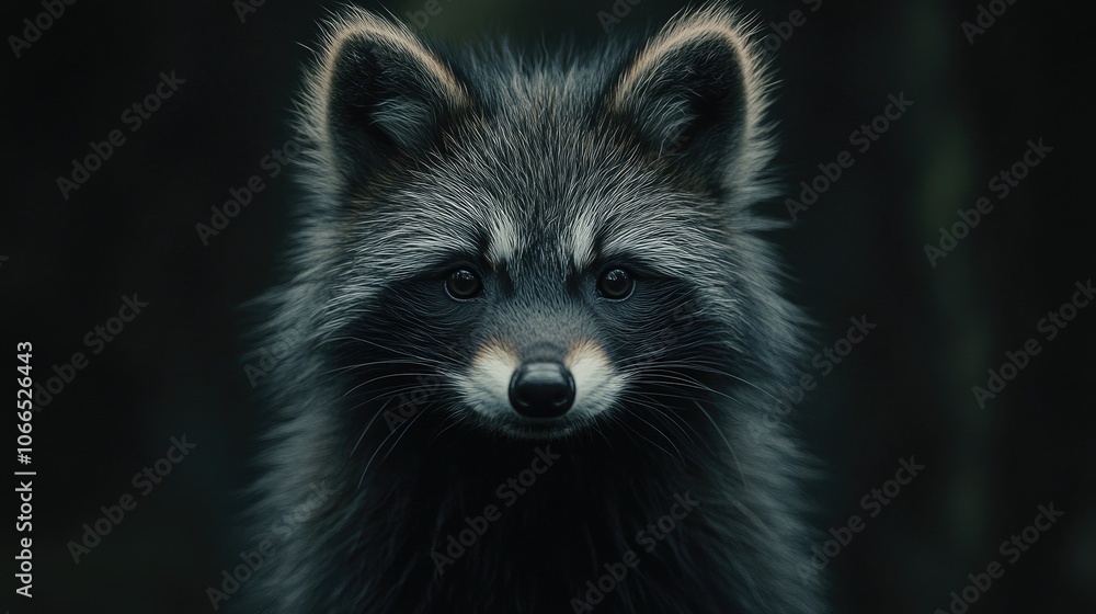 Close-up of a fluffy raccoon dog with a detailed focus, set against a dark background. The fluffy raccoon dog stands out vividly, creating a captivating visual with ample copy space.