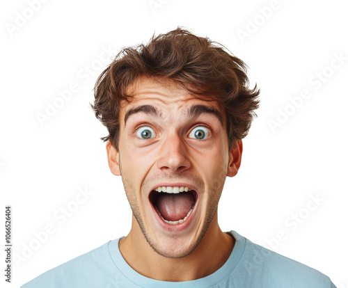 Portrait of excited young man with curly hair, wide open mouth expression, isolated on transparent background, joyful emotion, surprised face, energetic, happiness, cheerful reaction