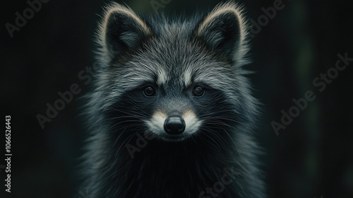 Obraz na płótnie Close-up of a fluffy raccoon dog with a detailed focus, set against a dark background. The fluffy raccoon dog stands out vividly, creating a captivating visual with ample copy space. w salonie