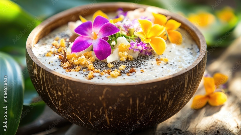 Hawaiian oatmeal bowl crafted with coconut and chia seeds, blended in creamy coconut milk, perfect for healthy breakfast ideas. The vibrant Hawaiian oatmeal bowl is ideal for food photography. Hawaiian oatmeal bowl crafted with coconut and chia seeds, blended in creamy coconut milk, perfect for healthy breakfast ideas. The vibrant Hawaiian oatmeal bowl is ideal for food photography.