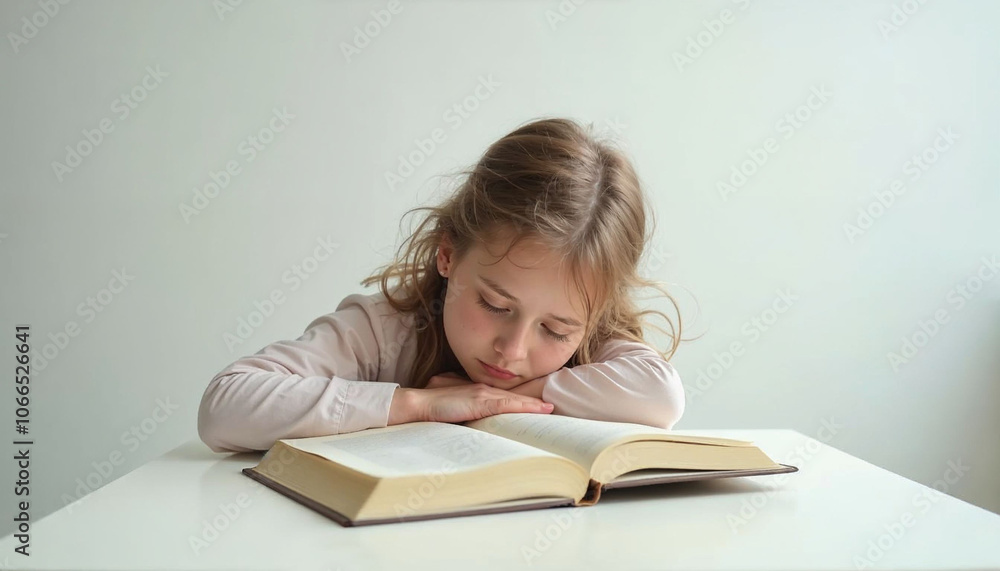 Little Girl leafing through a book and falling asleep at the table on white background Little Girl leafing through a book and falling asleep at the table on white background