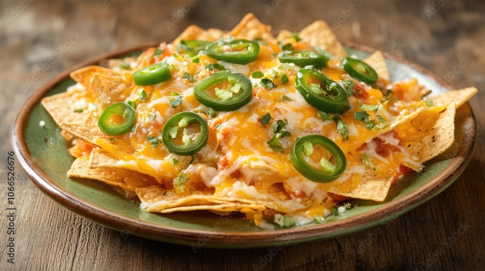 Indulge in nachos topped with cheese and jalapenos, presenting a vibrant depiction of Mexican cuisine. The plate of hot chips invites a delightful culinary experience, with space for text. Indulge in nachos topped with cheese and jalapenos, presenting a vibrant depiction of Mexican cuisine. The plate of hot chips invites a delightful culinary experience, with space for text.