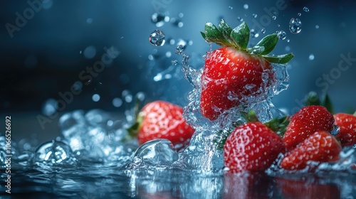 Fresh strawberries are immersed in water for rinsing and cleaning, creating a vibrant scene with fresh strawberries ready for use. Ample copy space is available.