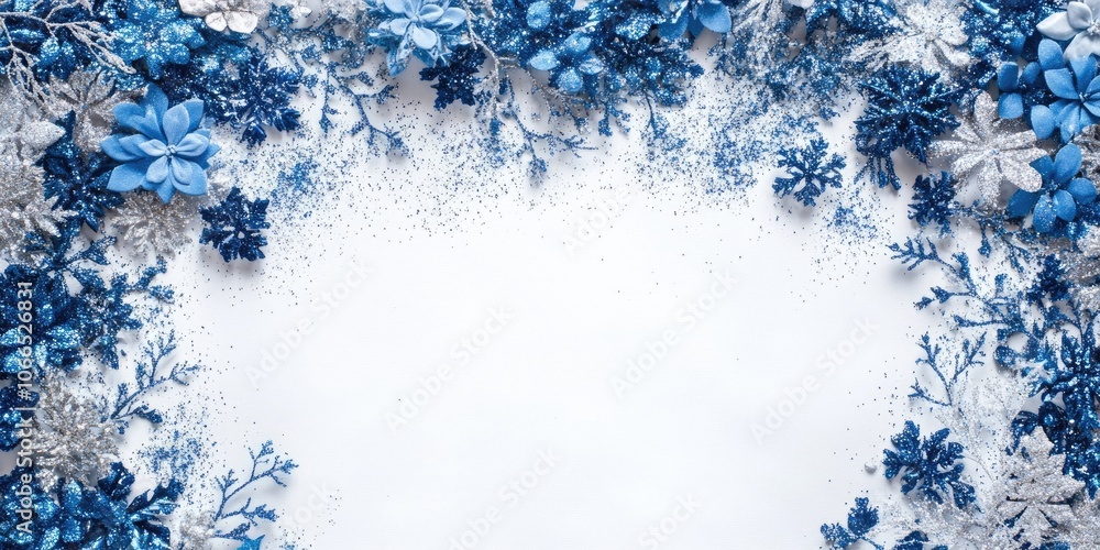 On a white background, blue sparkles and glitter confetti create a festive setting. This holiday decor showcases a top view flat lay design. On a white background, blue sparkles and glitter confetti create a festive setting. This holiday decor showcases a top view flat lay design.