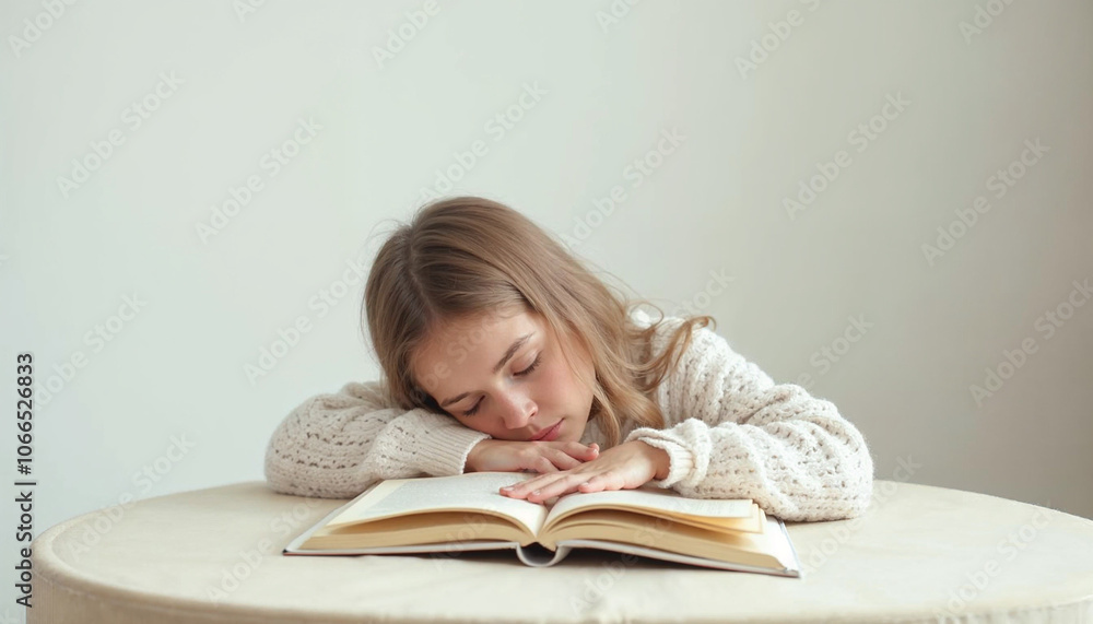Young woman leafing through a book and falling asleep at the table on white background Young woman leafing through a book and falling asleep at the table on white background
