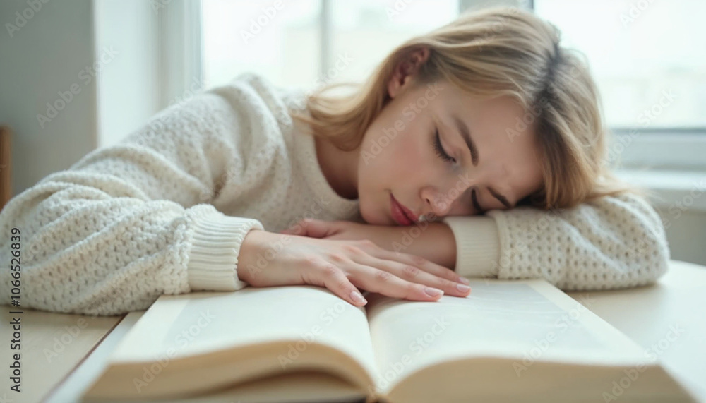 Young woman leafing through a book and falling asleep at the table Young woman leafing through a book and falling asleep at the table