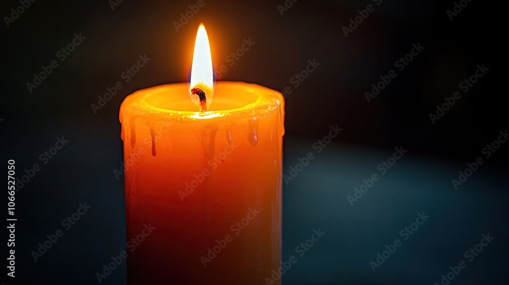 A close-up of a single lit candle against a dark background creates a warm and inviting atmosphere, emphasizing the candles flickering flame and the surrounding shadows. Photo style with copy space. A close-up of a single lit candle against a dark background creates a warm and inviting atmosphere, emphasizing the candles flickering flame and the surrounding shadows. Photo style with copy space.