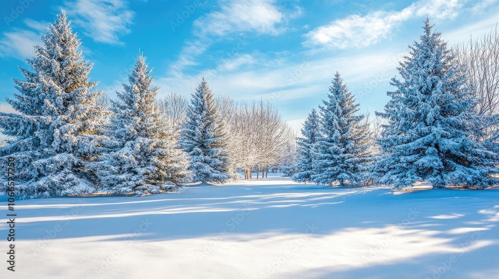 Naklejka premium Stunning winter landscape captures the beauty of snowy trees in a serene rural setting, providing captivating imagery with ample space for text and design elements.