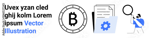 Bitcoin symbol in black circle, layered documents inside folder with gear, man with magnifying glass. Ideal for cryptocurrency, blockchain, digital finance, investment, research, tech innovations