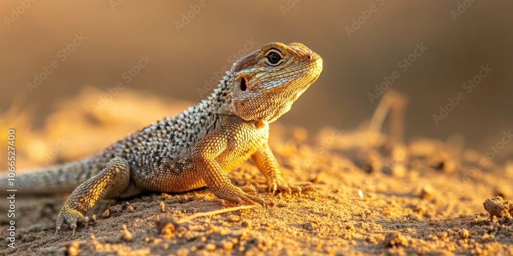 The profile of a desert lizard can be seen against a warm, sandy terrain, showcasing its unique shape and characteristics on the sun kissed landscape of the desert. The profile of a desert lizard can be seen against a warm, sandy terrain, showcasing its unique shape and characteristics on the sun kissed landscape of the desert.