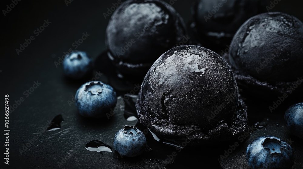 Dark ice cream scoops paired with fresh blueberries create a striking contrast on a black background, making this composition ideal for dessert-themed designs with ample copy space. Dark ice cream scoops paired with fresh blueberries create a striking contrast on a black background, making this composition ideal for dessert-themed designs with ample copy space.