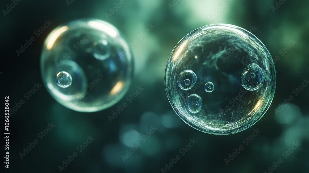 High resolution close-up, two transparent serum molecules suspended in the air, surrounded by soft light, with a deep green background, minimalist composition, exquisite reflection and glass texture. High resolution close-up, two transparent serum molecules suspended in the air, surrounded by soft light, with a deep green background, minimalist composition, exquisite reflection and glass texture.