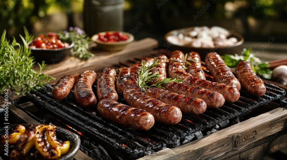 Barbecue grill loaded with sausages on a wooden table in an outdoor terrace setting, perfect for a summer gathering. The barbecue grill invites delicious cooking moments.