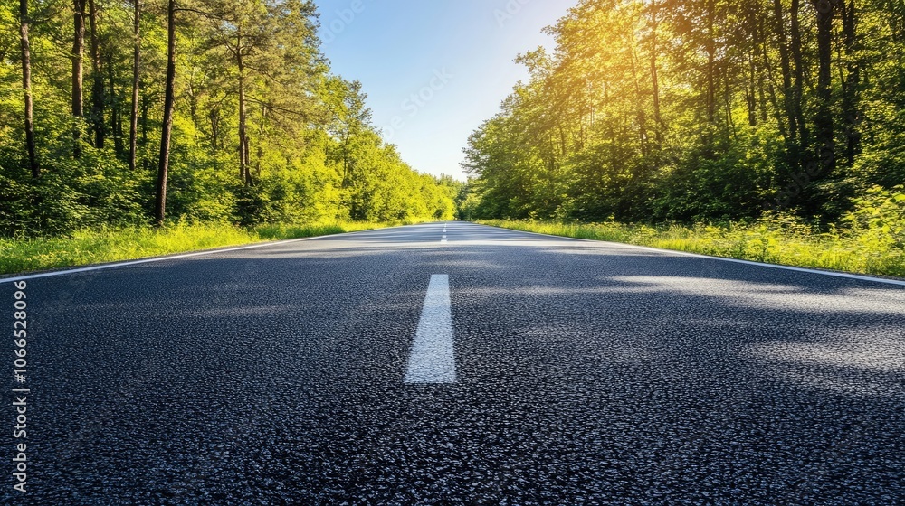 Fototapeta premium A scenic forest road perspective captures a sunny summer day. The highway stretches beneath a clear blue sky, viewed from the asphalt road surface, with ample space for text.