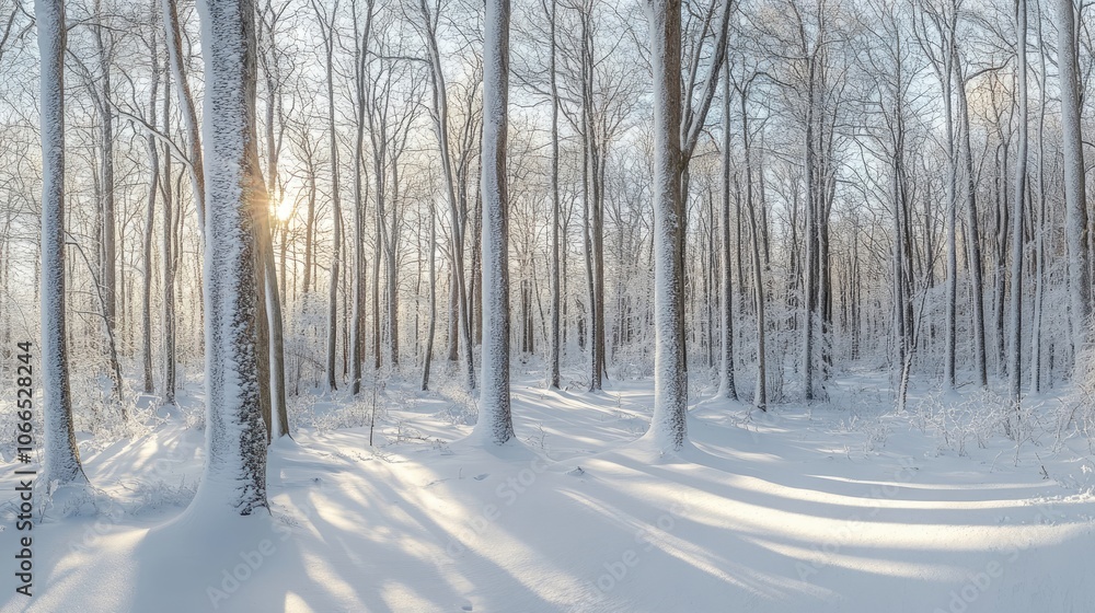 Winter landscape photography encapsulating a snow-covered forest with sunlight streaming through the trees, creating a peaceful and serene winter scene. Ideal for adding copy space. Winter landscape photography encapsulating a snow-covered forest with sunlight streaming through the trees, creating a peaceful and serene winter scene. Ideal for adding copy space.