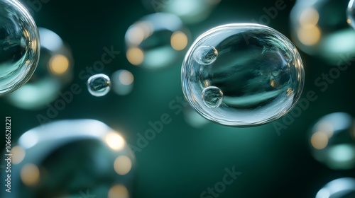 High resolution close-up, two transparent serum molecules suspended in the air, surrounded by soft light, with a deep green background, minimalist composition, exquisite reflection and glass texture.