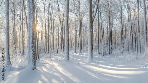 Winter landscape photography encapsulating a snow-covered forest with sunlight streaming through the trees, creating a peaceful and serene winter scene. Ideal for adding copy space.