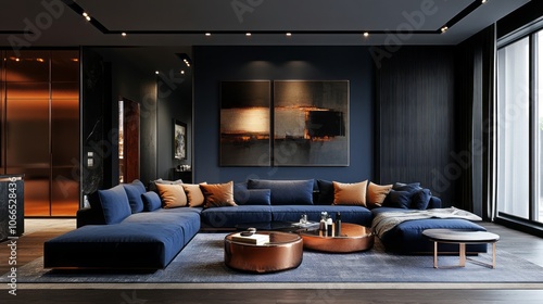 Modern Living Room with Navy Blue Sectional Sofa, Copper Coffee Tables, and Abstract Artwork