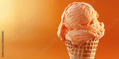 Aerial perspective of lively orange ice cream in a waffle cone, set against a bright orange background. This colorful scene captures the essence of summer indulgence.