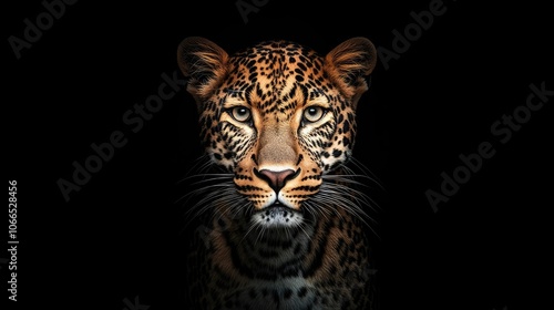 A captivating leopard gazes intently at the camera, creating a powerful presence with its fierce expression. This leopard image offers captivating details and ample copy space.