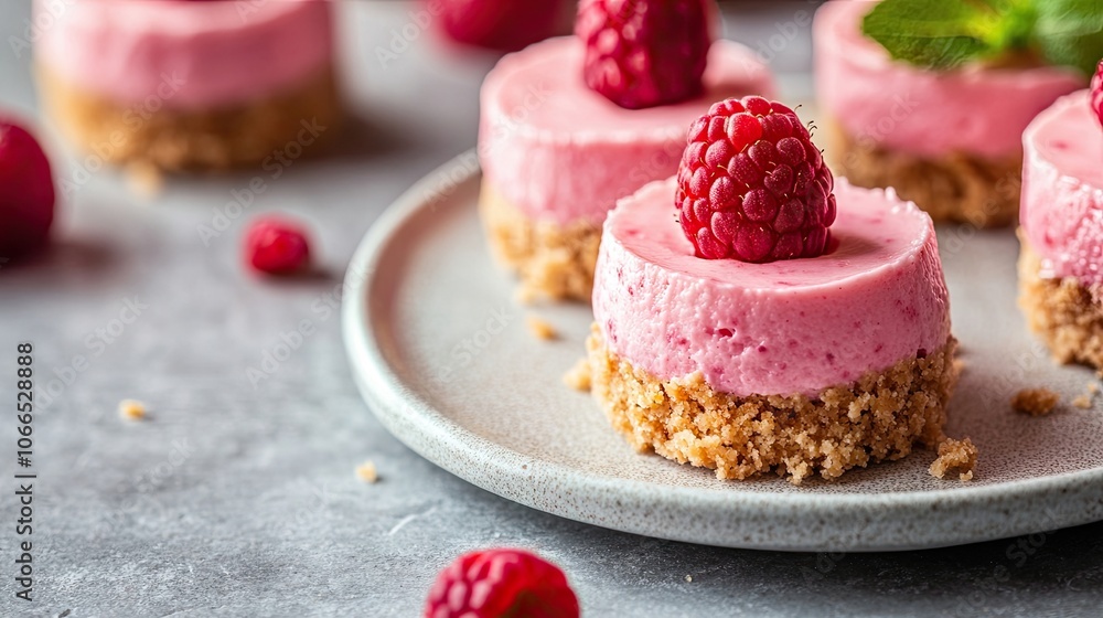 Close-up image of raspberry mini cheesecakes displaying a crumbly base, perfect for dessert lovers. The raspberry mini cheesecakes offer delightful textures and flavors with ample copy space. Close-up image of raspberry mini cheesecakes displaying a crumbly base, perfect for dessert lovers. The raspberry mini cheesecakes offer delightful textures and flavors with ample copy space.