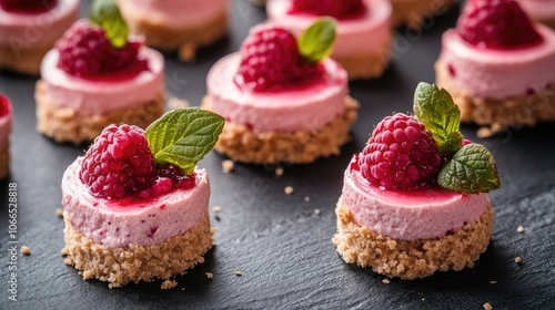 Close-up image of raspberry mini cheesecakes displaying a crumbly base, perfect for dessert lovers. The raspberry mini cheesecakes offer delightful textures and flavors with ample copy space.