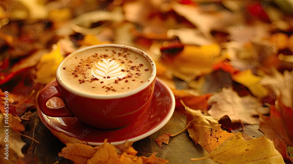 Cozy cappuccino placed on a table surrounded by vibrant autumn leaves creates a warm atmosphere. This cozy cappuccino scene captures the essence of fall with space for copy. Cozy cappuccino placed on a table surrounded by vibrant autumn leaves creates a warm atmosphere. This cozy cappuccino scene captures the essence of fall with space for copy.