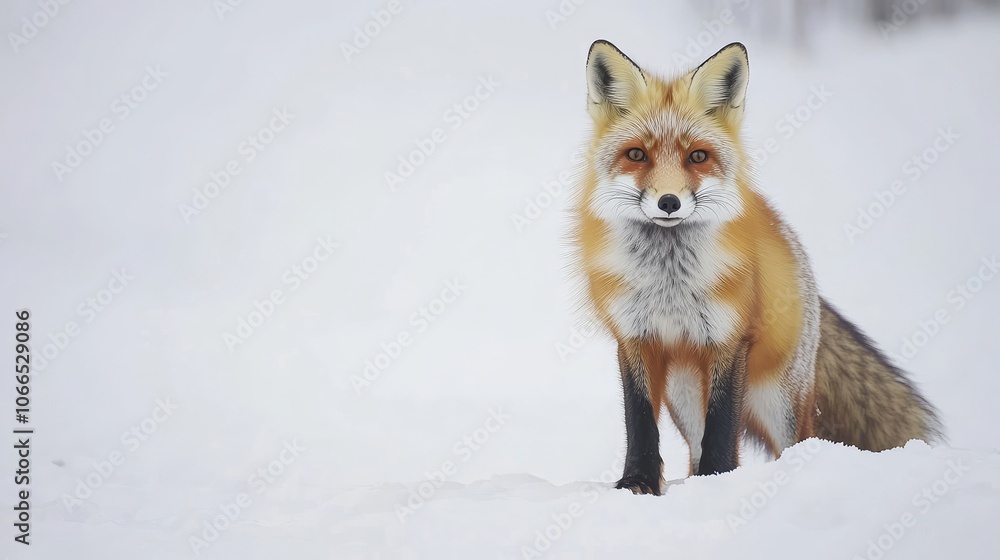 Fototapeta premium Red fox captured on a white background, highlighting the young red foxs vibrant fur and curious expression, making it an ideal image for various creative projects with ample copy space.