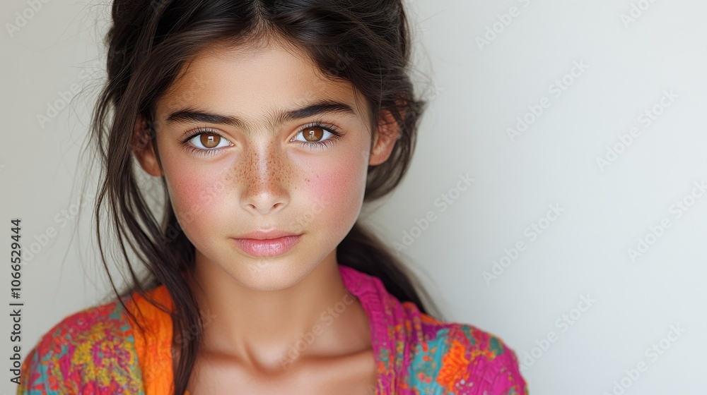 A young actress dressed in bright and colorful clothing, isolated from a white background, with ample copying space on the right side. Emphasized modern style and minimalist composition. A young actress dressed in bright and colorful clothing, isolated from a white background, with ample copying space on the right side. Emphasized modern style and minimalist composition.