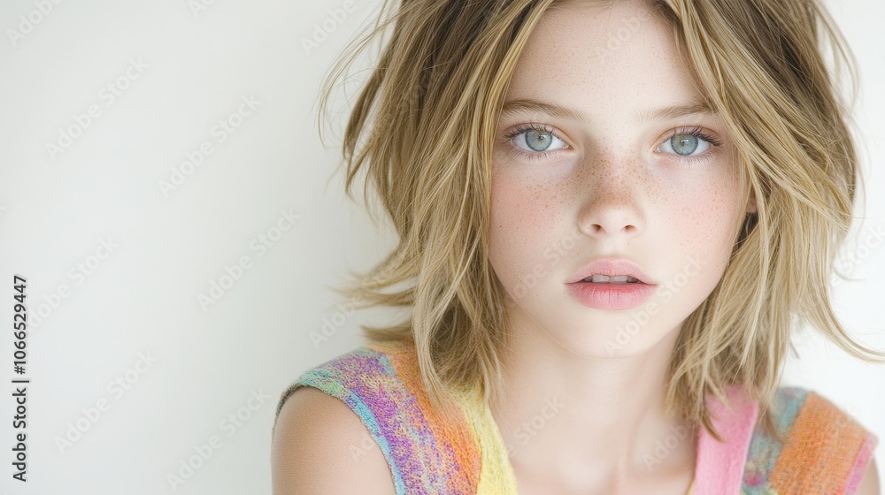 A young actress dressed in bright and colorful clothing, isolated from a white background, with ample copying space on the right side. Emphasized modern style and minimalist composition. A young actress dressed in bright and colorful clothing, isolated from a white background, with ample copying space on the right side. Emphasized modern style and minimalist composition.