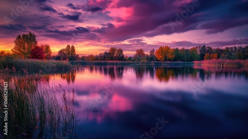 Beautiful lake captured after sunset during fall, reflecting vibrant autumn colors. This serene lake scene offers a tranquil atmosphere and beautiful compositions with ample copy space.