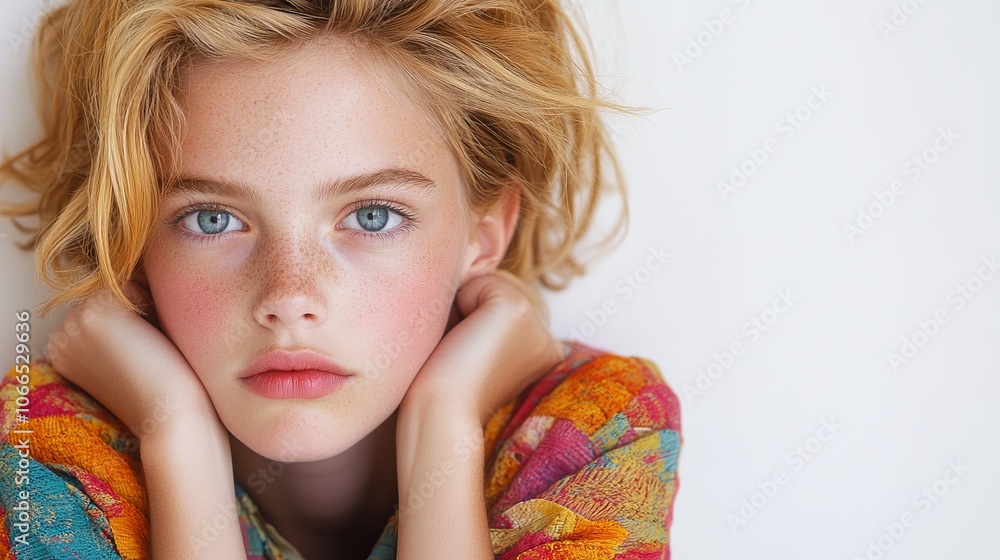 A young actress dressed in bright and colorful clothing, isolated from a white background, with ample copying space on the right side. Emphasized modern style and minimalist composition. A young actress dressed in bright and colorful clothing, isolated from a white background, with ample copying space on the right side. Emphasized modern style and minimalist composition.
