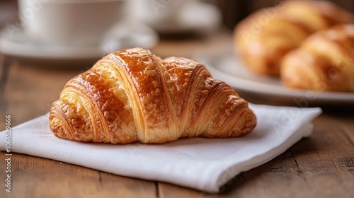 A delicious croissant rests on a white napkin, elegantly placed on a wooden table, creating an inviting scene perfect for a culinary photograph with ample copy space.