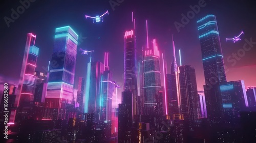 a vibrant digital artwork of a sprawling futuristic city, featuring towering skyscrapers, flying vehicles, and neon lights. Incorporate elements of advanced technology and urban life. photo