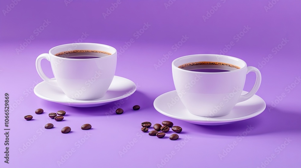 Double espresso served in a porcelain cup on a gradient purple background, complemented by scattered coffee beans, creates an inviting coffee atmosphere. Photo style with copy space available. Double espresso served in a porcelain cup on a gradient purple background, complemented by scattered coffee beans, creates an inviting coffee atmosphere. Photo style with copy space available.