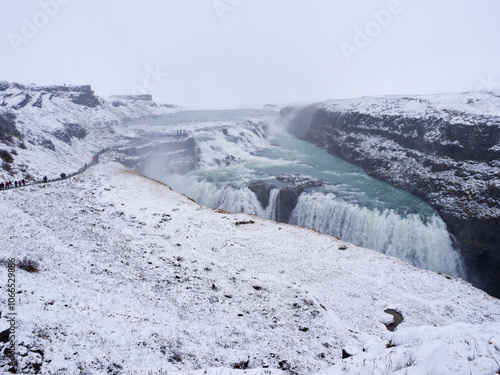 Gullfoss, Golden Waterfall in winter . The waterfall is also known as the Golden Falls. Iceland.