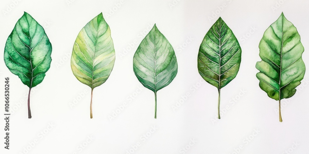 Fototapeta premium A white backdrop showcases ten beautifully detailed watercolor green leaves, each intricately designed and standing out against the clean background of white.